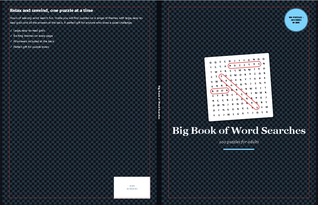 A full-wrap cover built in Word Search Empire Deluxe: the back cover with its blurb and the reserved barcode area, the spine, and the front cover with the title and subtitle.