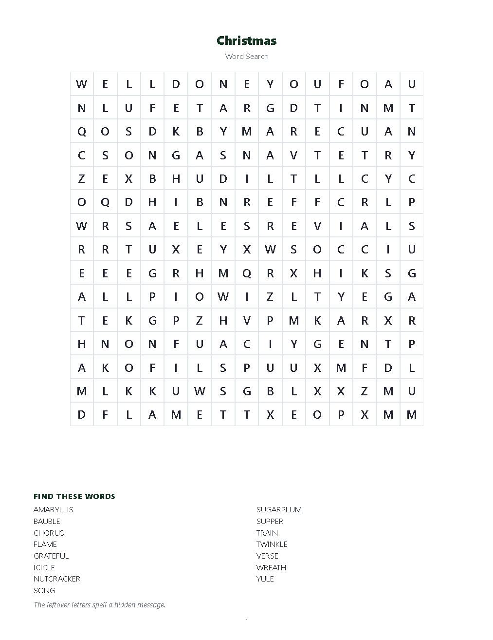 A puzzle page with a hidden message: the letters left over spell out a phrase in reading order.