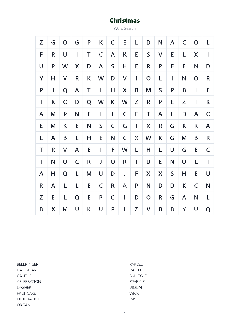 A standard word-search page built in Deluxe: a letter grid with its word list printed underneath.
